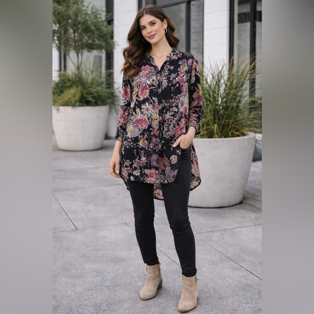Anthropologie Maeve Autumnal Floral High Low Tunic Shirt Dress Small